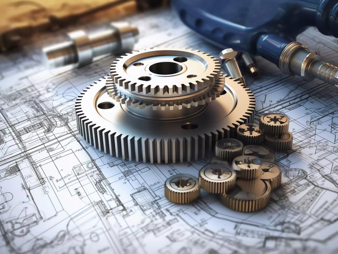 機械工程圖紙上精密的合金科技齒輪零件組特寫商業背景圖